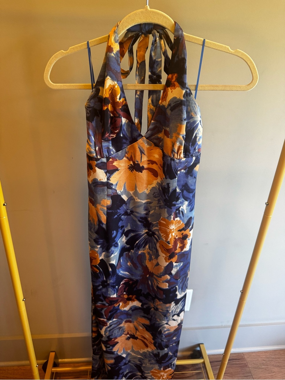 Vici Navy and Orange Floral Halter Maxi Dress